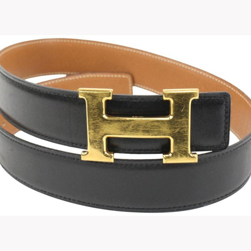Hermès Black x Brown 32mm H Logo Belt Kit Gold Buckle 3h318s